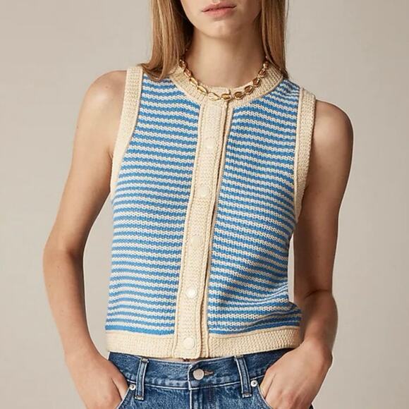 J. Crew Tops - J.Crew Cropped Sweater Shell Stripe Parchment Santorini Blue Size M NWT